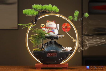 Desk Waterfall Fountain Indoor with Chinese Ceramic Lucky Cat Waving Arm Figurine,Tabletop Mini Water Fountain Decoration with Mist,Adjustable LED Light Ring and Backflow Incense Burner Holder