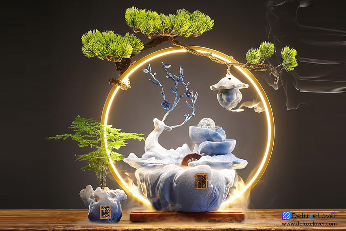 Deer Tabletop Water Fountain with LED Light Mist, Home Decor Includes Backflow Incense,Japanese Water Fountains for Meditation,Indoor Zen Decor for Office,Living Room or Bedroom (Blue)