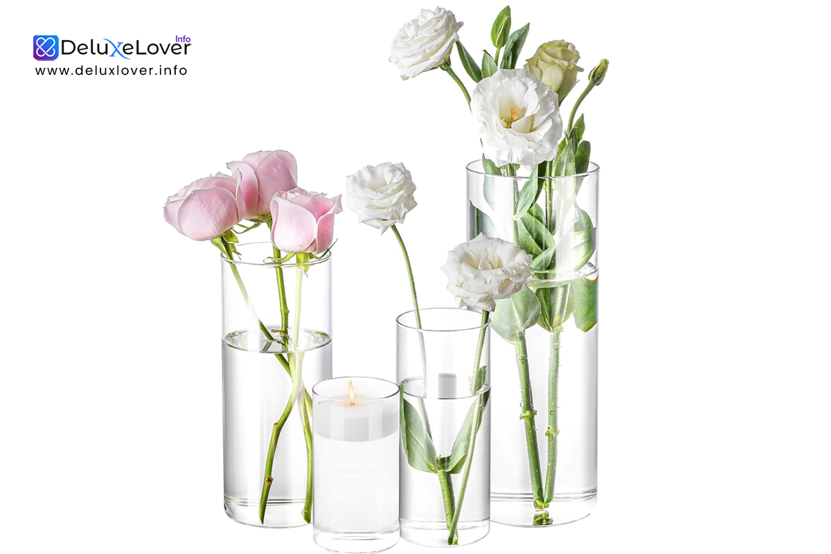 4-Pack Clear Glass Cylinder Vases – 4″, 6″, 8″, 10″ Tall Flower Vases & Hurricane Candle Holders for Table Centerpieces, Floating Candles, Wedding & Home Décor