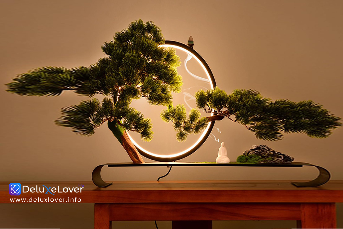 Artificial Zen Pine Bonsai Tree with LED Lamp Rings & Backflow Incense – Realistic Potted Faux Plant for Home, Office, Garden, Patio, Farmhouse Decor