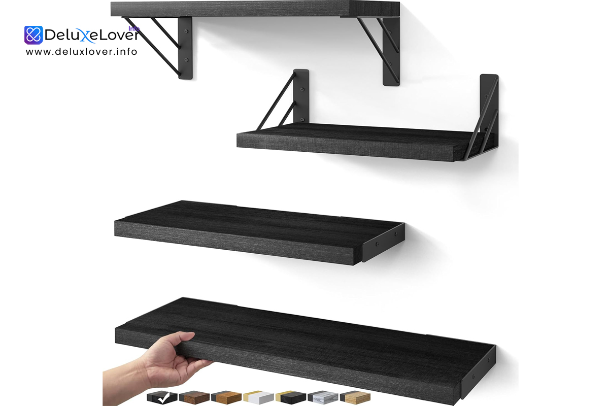 BAYKA Floating Wall Shelves – Set of 4 Rustic Wooden Corner & Wall Storage Shelves for Bedroom, Living Room, Kitchen, Bathroom – Display Books, Plants & Decor