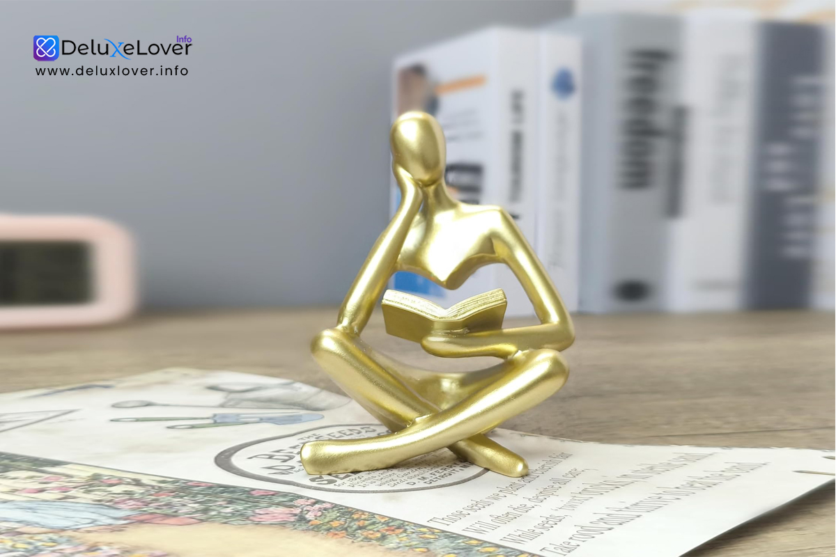 Gold Thinker Statue 4.5″ – Abstract Reading Sculpture, Modern Home & Office Decor, Bookshelf & Coffee Table Accent, Elegant Art for Living Room, Library & Desk