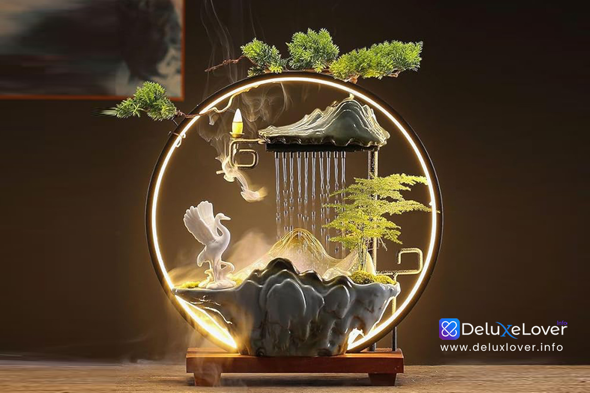 Indoor Tabletop Water Fountain with LED Mist & Backflow Incense Holder – Feng Shui Crane Zen Decor for Home, Office, Meditation, Relaxation