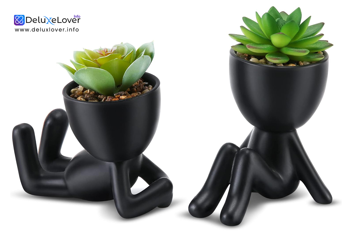 Mini Artificial Succulent Plants in Black Human-Shaped Ceramic Pots – Set of 2 Small Fake Succulents for Desk, Office, Bathroom, Shelf & Home Decor – Cute Modern Plant Decoration for Women