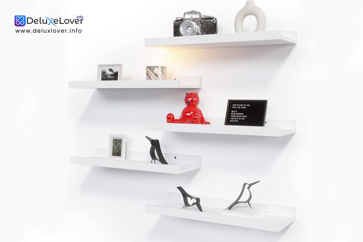 “RICHER HOUSE Floating Shelves Set of 5 – White Wall Mounted Picture Ledge Shelves with Lip for Wall Decor & Storage, Modern Shelf for Nursery, Bedroom, Living Room & Bathroom”