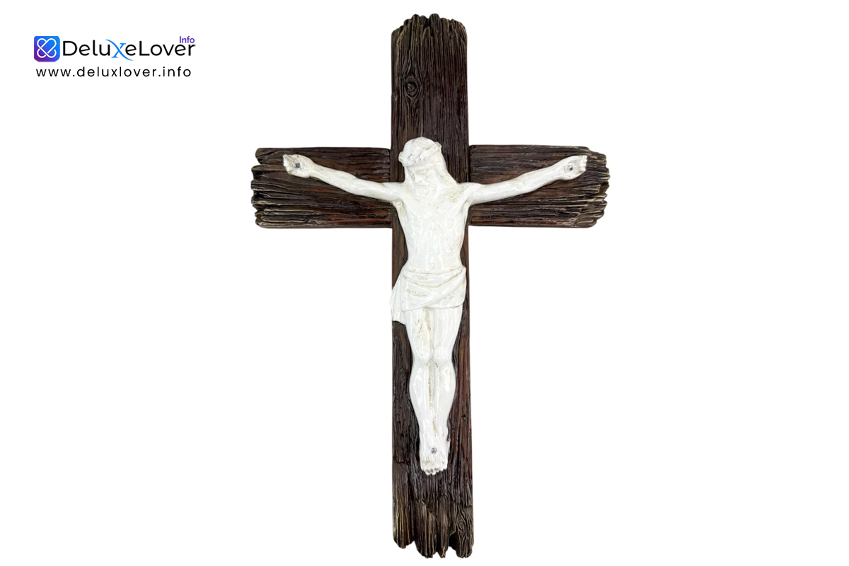 “Rustic Wall Crucifix – Resin Wood-Look Cross with Gloss White Jesus Figure, Catholic Christian Home Decor & Religious Wall Hanging”
