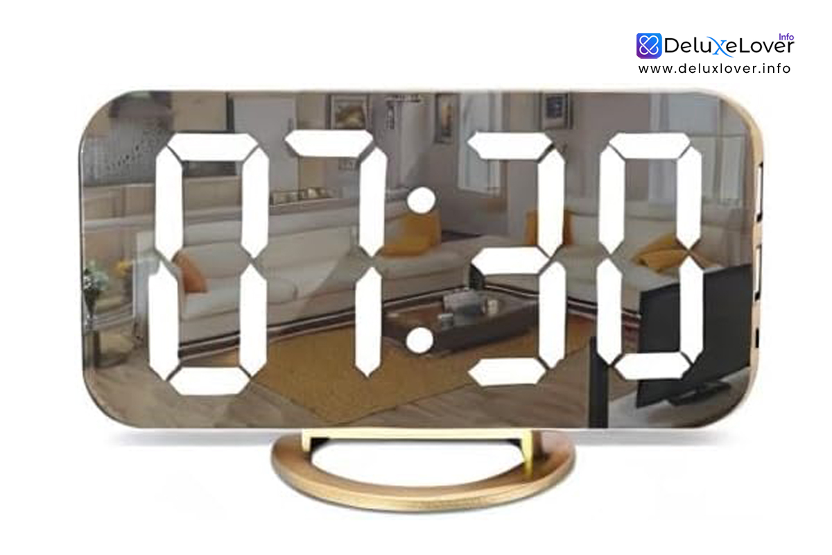 SZELAM Digital Alarm Clock – LED Mirror Display Desk Clock with Dual USB Charging Ports, Adjustable Brightness, 12/24 Hour Format – Modern Gold Clock for Bedroom, Office, Living Room