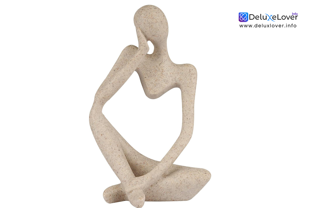 “Thinker Style Abstract Sculpture – Small Sandstone Resin Figurine for Home & Office Decor, Bookshelf, Desktop, Collectible Art Statue (Left-Facing)”