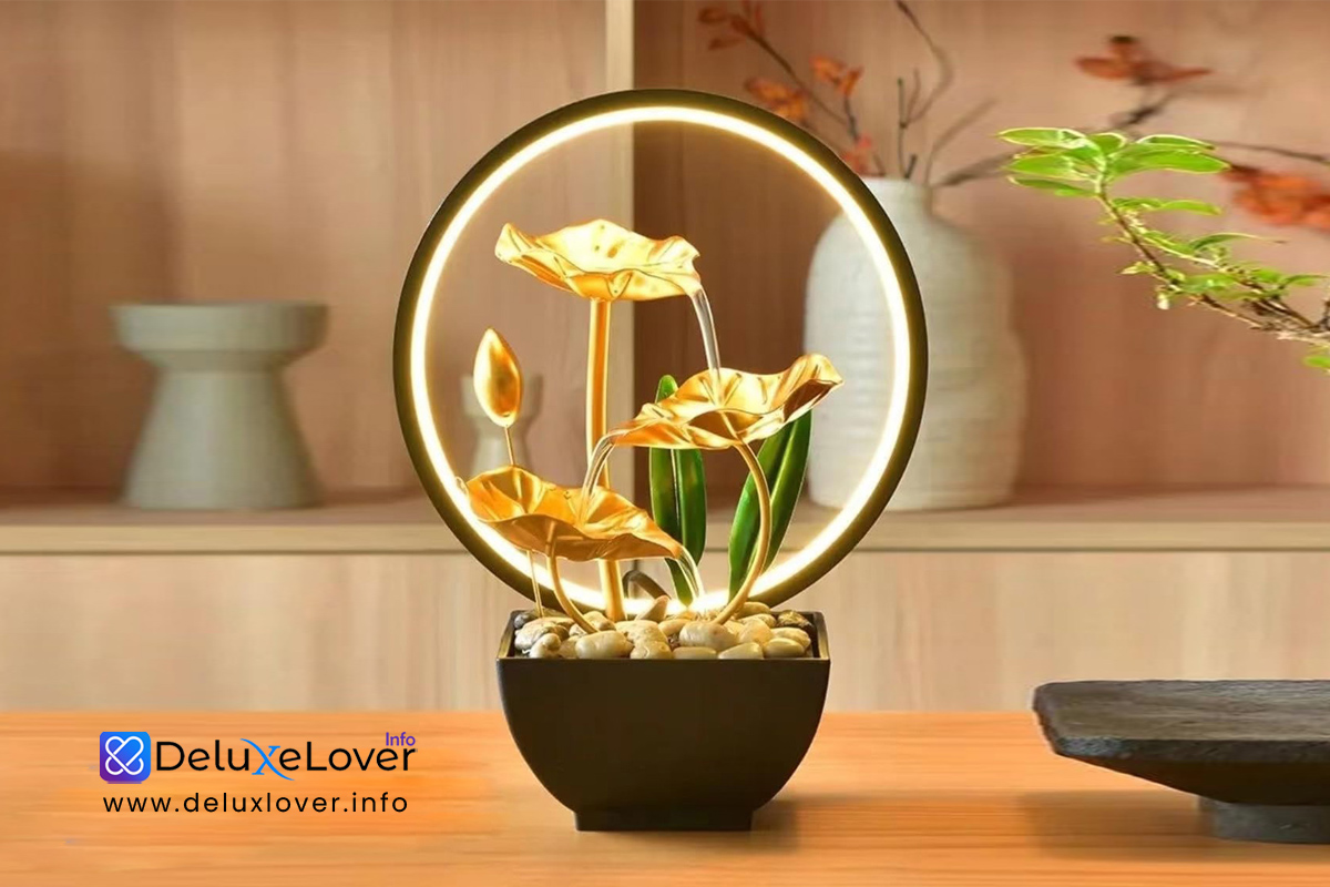TiCin Indoor Tabletop Fountain – USB Powered Waterfall Humidifier with LED Ring Lights & Natural Rocks for Home, Bedroom, Office Decor
