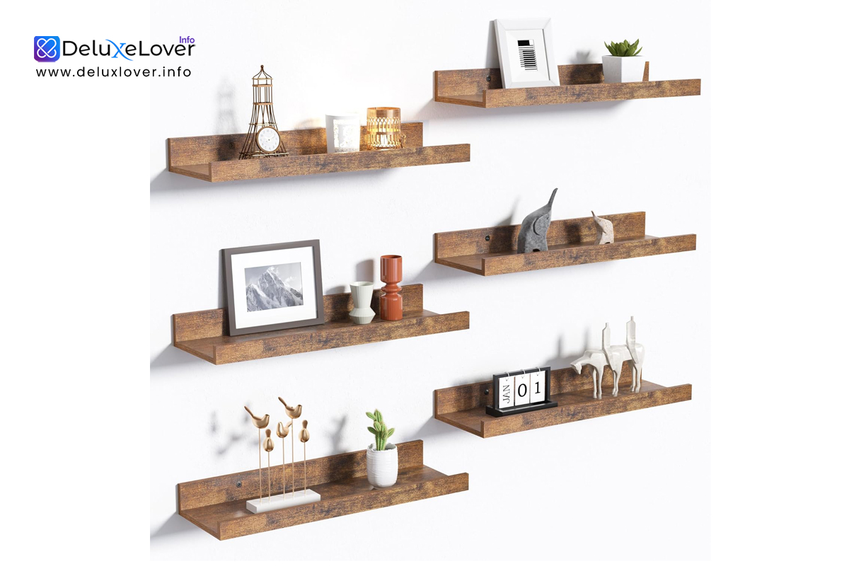 “Upsimples Floating Shelves Set of 6 – Wall Mounted Wooden Shelves for Storage & Decor, Picture Ledge Shelf for Bedroom, Living Room, Bathroom & Kitchen – Brown”