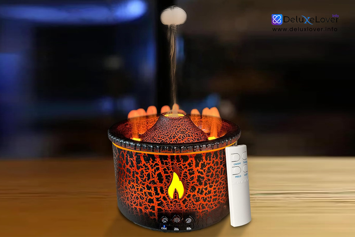 Volcano Flame Essential Oil Diffuser 300ml – Aromatherapy Humidifier with Mist & Fire Effect, 2 Color Modes, Timer, Remote, Auto Shut-Off – Scent Diffuser for Home & Bedroom (Black)